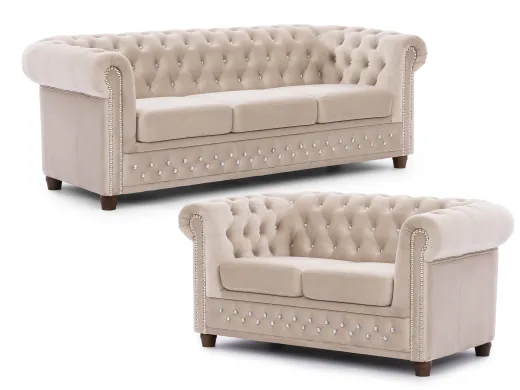 Cleo Blink - Chesterfield Polstergarnitur 3+2 aus Samt mit Kristallsteppung und braunen Massivholzfüßen