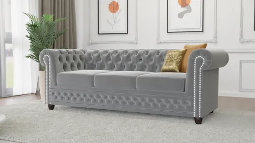 Cleo - Chesterfield 3-Sitzer Sofa mit Schlaffunktion aus Samt-Stoff mit Holzfüßen