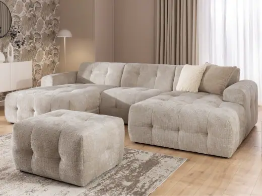 Kozy - Wohnlandschaft und Hocker im Bumpy-Design mit Schlaffunktion und fester Rückenlehne aus weichem Chenille-Stoff