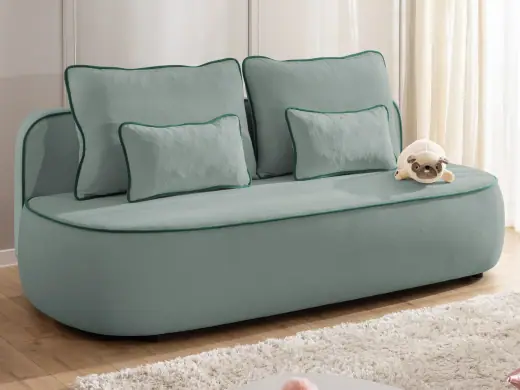 Vero – Modernes und abgerundetes 3-Sitzer-Kindersofa mit Schlaffunktion, Bettkasten und Kontrastpaspel aus Plüschstoff