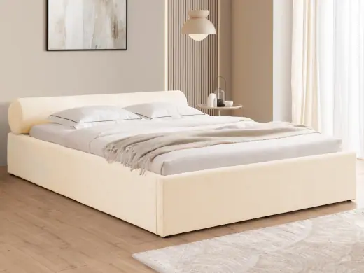 Josy – Designer-Polsterbett mit zylinderförmigem gepolstertem Kopfteil aus Chenille-Stoff mit Lattenrost und großem Bettkasten