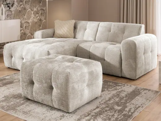 Kozy - Ecksofa und Hocker im Bumpy-Design mit Schlaffunktion und fester Rückenlehne aus weichem Chenille-Stof