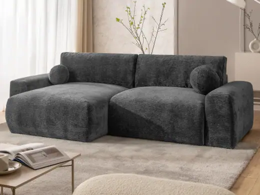 Puffy - Besonders weiches und puffiges Ecksofa mit Schlaffunktion und Bettkasten aus Chenillegewebe mit markanter Struktur