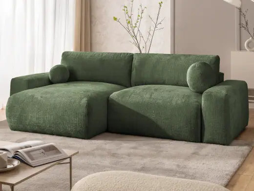 Puffy - Besonders weiches und puffiges Ecksofa mit Schlaffunktion und Bettkasten aus Chenille-Stoff