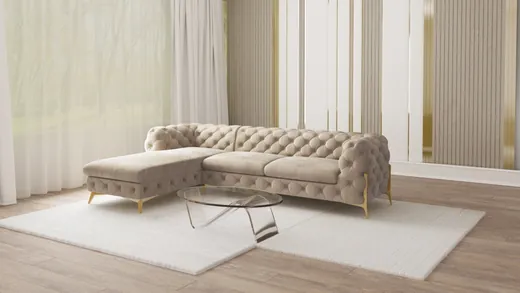 Natalie - Chesterfield Ecksofa mit Ottomane mit Goldene Metall Füßen
