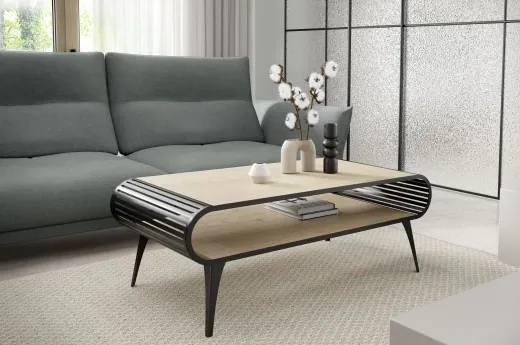 Stilo - Luxuriöser und moderner Couchtisch in Halifax Eiche mit Schwarze Metallfüße und Hochwertige Verarbeitung
