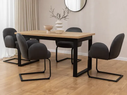 Vela - 2er Set Polsterstuhl im Japandi Stil und im runden Design aus Mikrofaser Anthrazit Vintage mit schwarzem Metallgestell