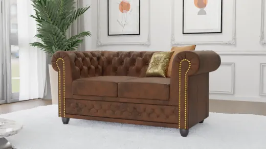 Wilhelm - Chesterfield 2-Sitzer Sofa aus Vintage Optik Microfaser mit Holzfüßen