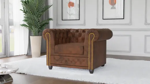 Wilhelm - Chesterfield Sessel aus Vintage Optik Microfaser mit Holzfüßen