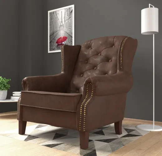 Zane - Chesterfield Ohrensessel mit Steppung und Holzfüßen aus Luxusmicrofaser Vintageoptik