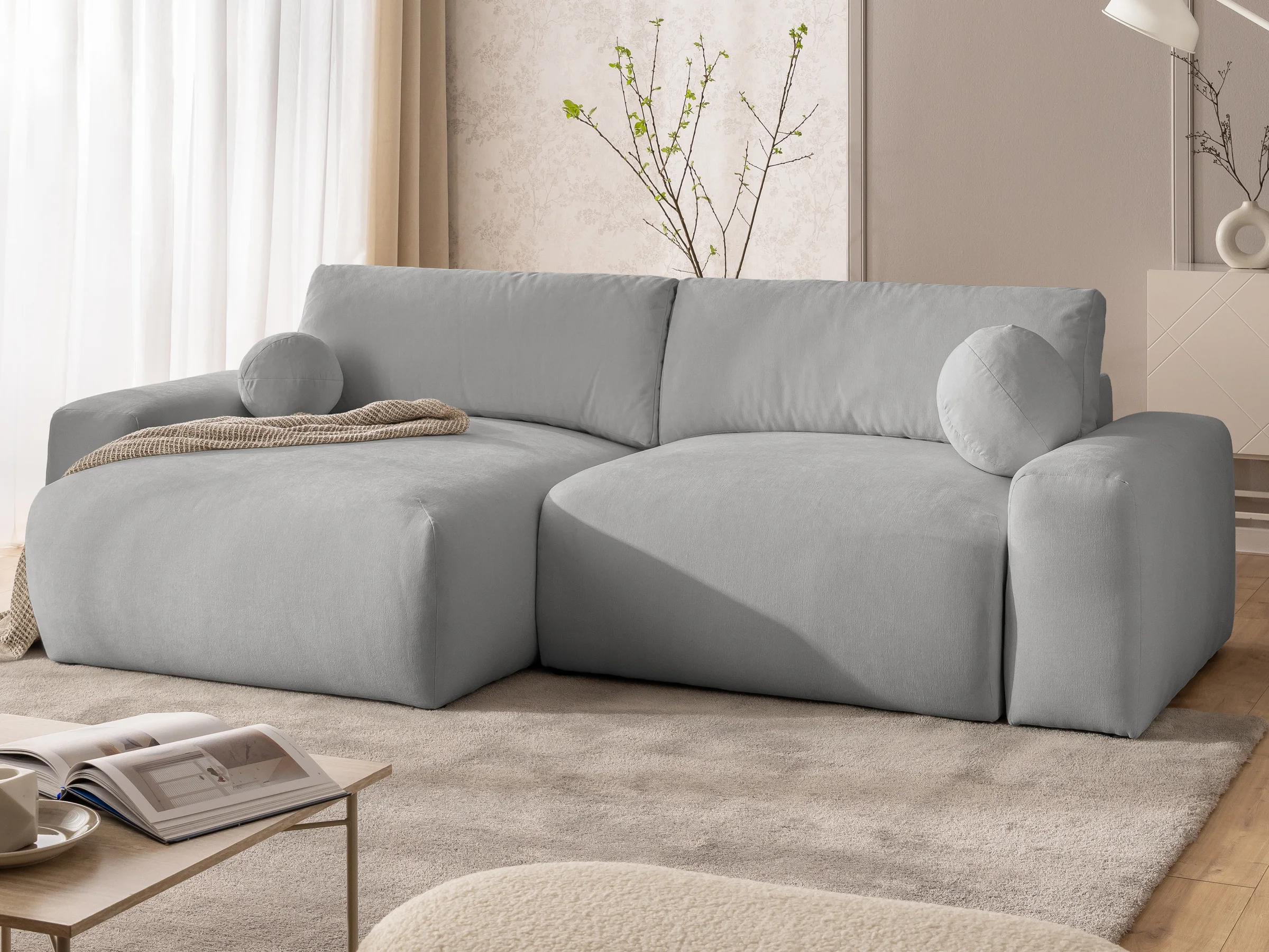 Puffy - Besonders weiches und puffiges Ecksofa mit Schlaffunktion und Bettkasten aus Webstoff