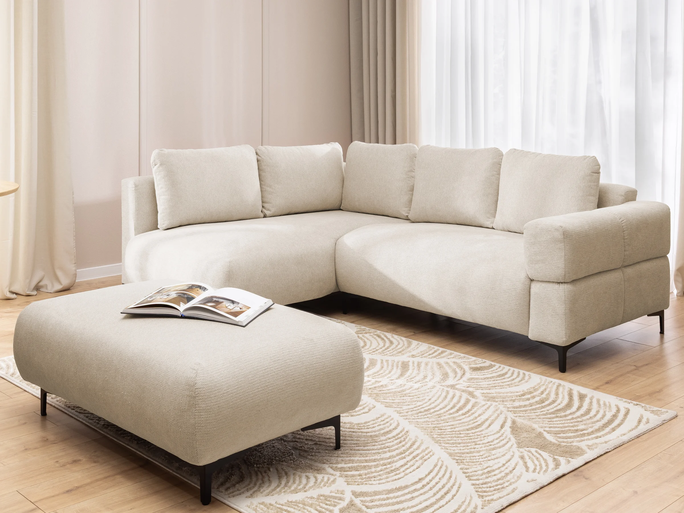 Cardea - Ecksofa und Hocker in Bubble-Optik mit Schlaffunktion aus weichem Strukturstoff und hohem Sitzkomfort