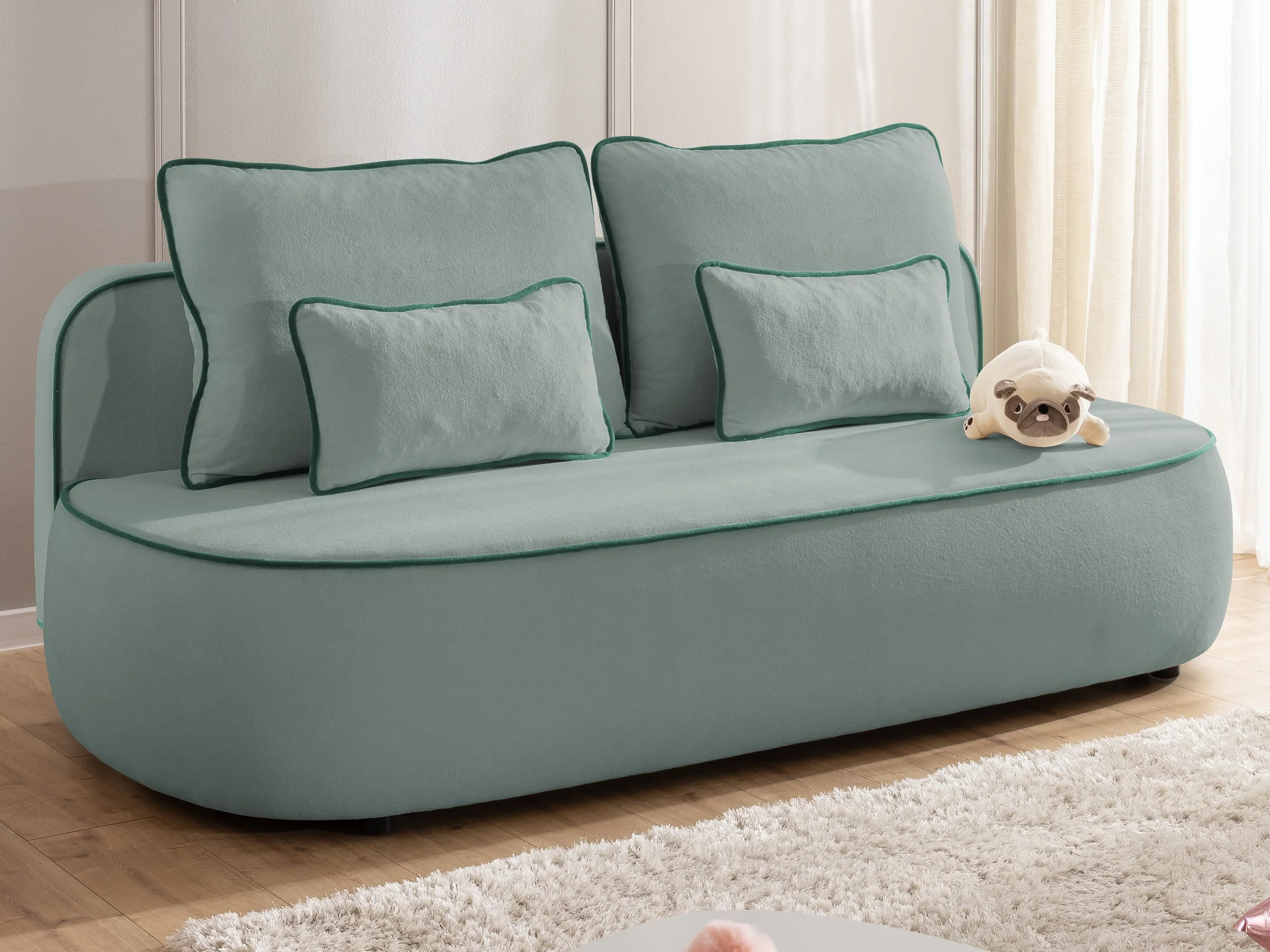 Vero – Modernes und abgerundetes 3-Sitzer-Kindersofa mit Schlaffunktion, Bettkasten und Kontrastpaspel aus Plüschstoff
