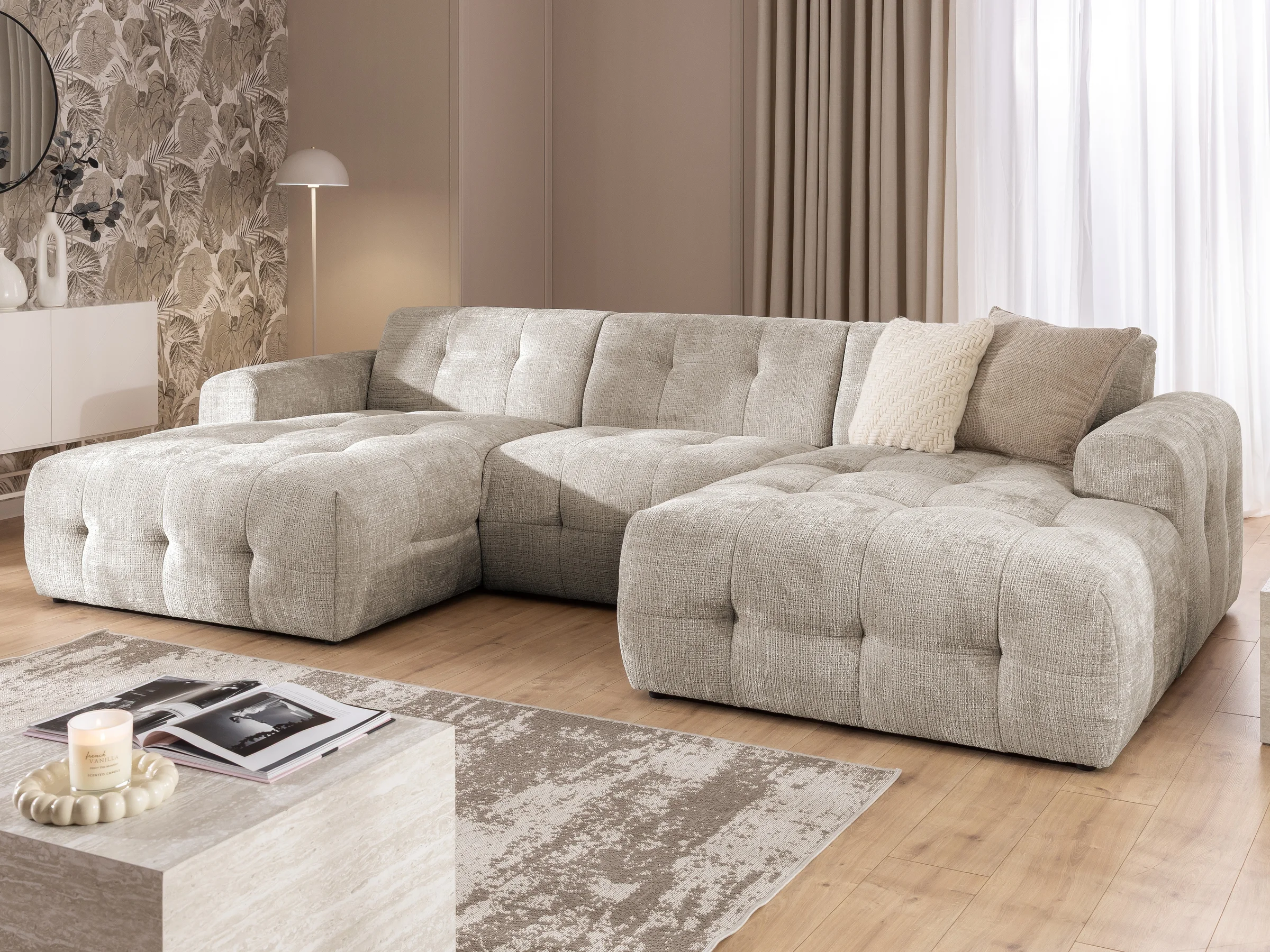 Kozy - komfortable Wohnlandschaft im Bumpy-Design mit fester Rückenlehne aus weichem Chenille-Stoff