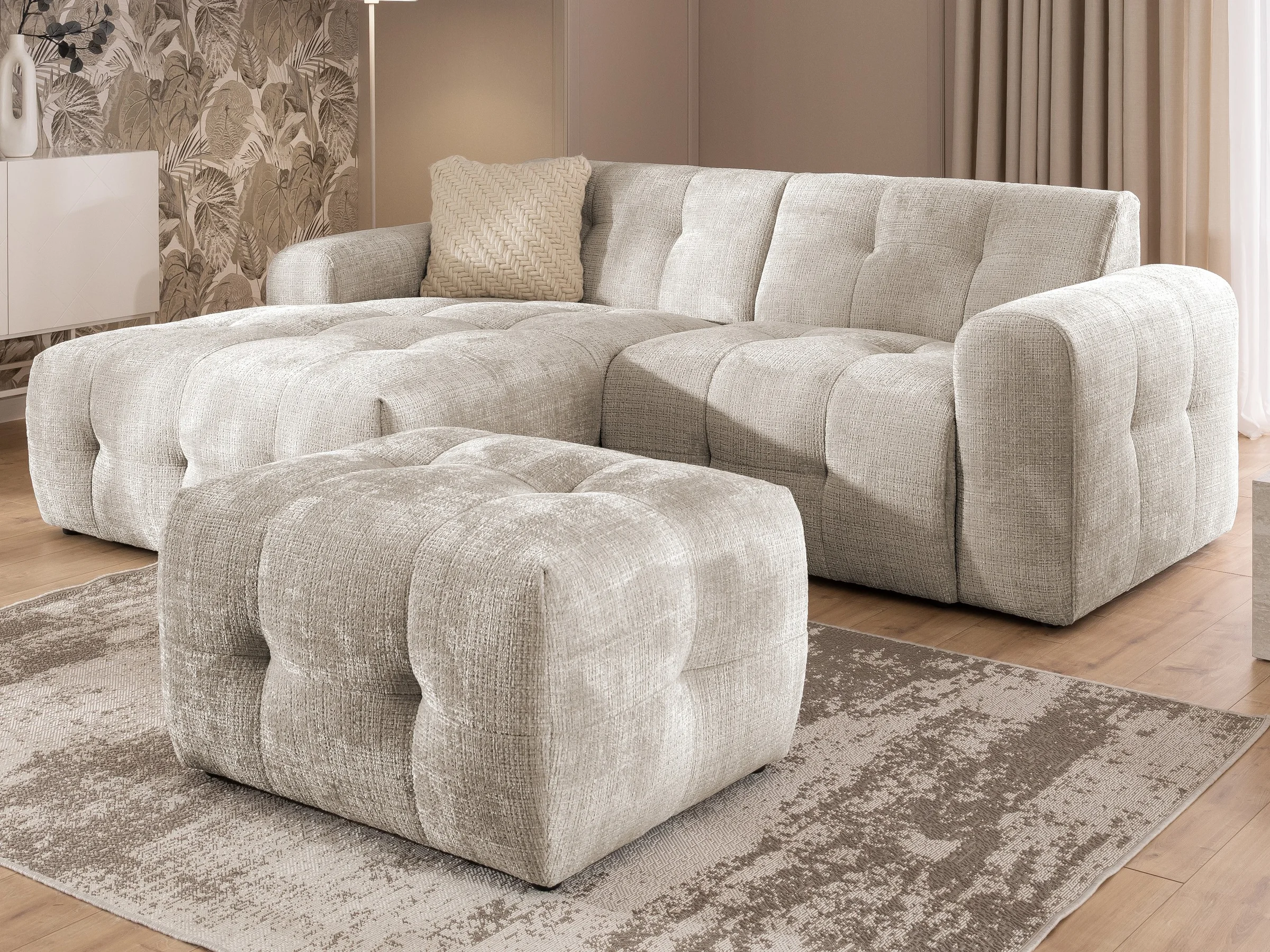 Kozy - Ecksofa und Hocker im Bumpy-Design mit Schlaffunktion und fester Rückenlehne aus weichem Chenille-Stof