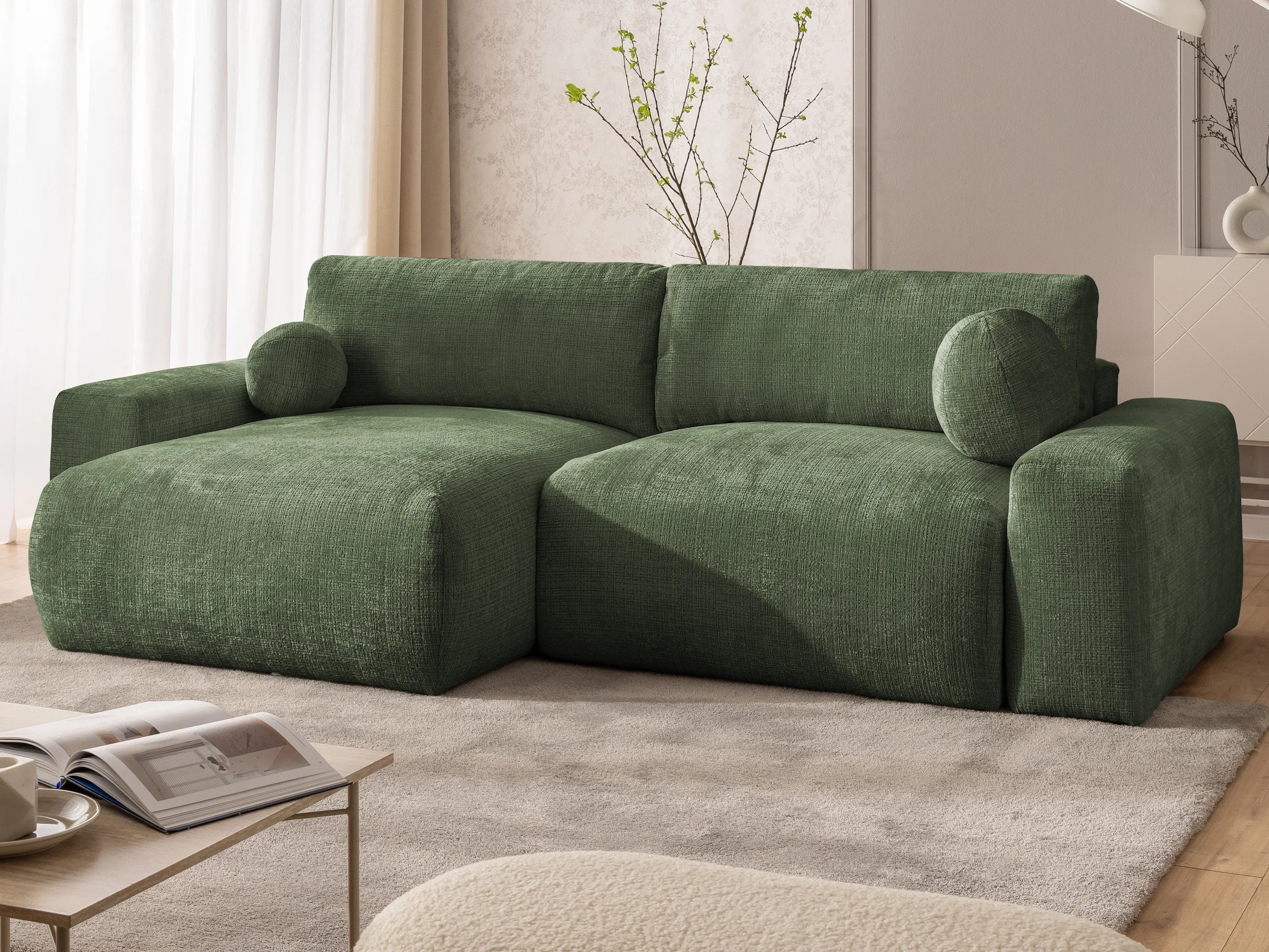 Puffy - Besonders weiches und puffiges Ecksofa mit Schlaffunktion und Bettkasten aus Chenille-Stoff