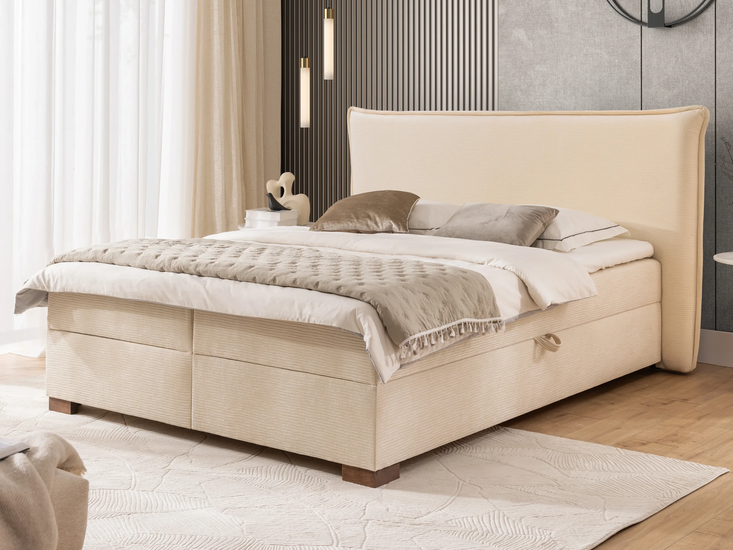 Lovetti - Boxspringbett mit Topper und Bettkästen aus Strukturstoff-Cordoptik, Massivholz Füße